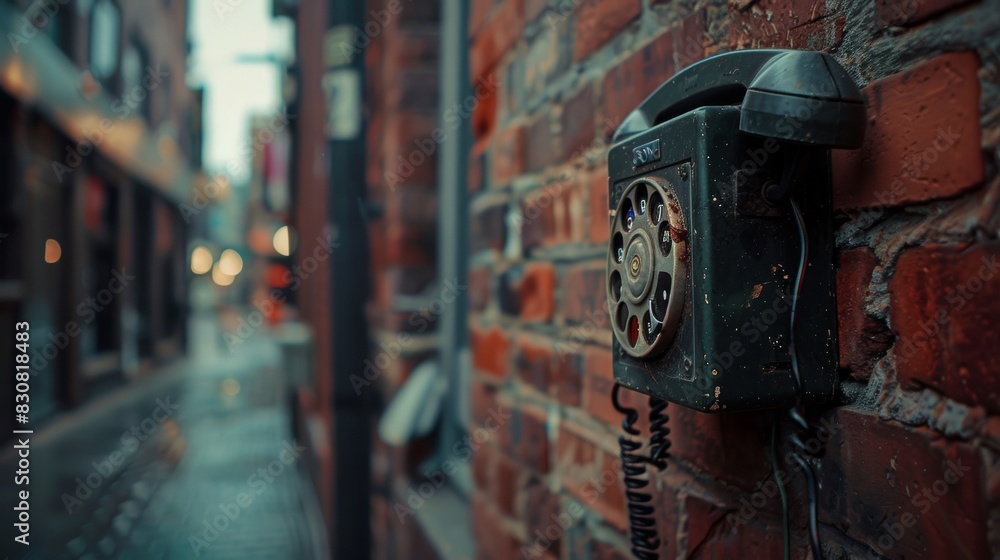 A brick wall with a phone on it