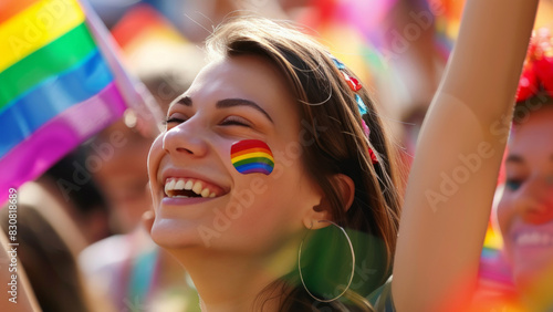 Happy Woman with Rainbow Face Paint Celebrating Pride with Flags and Joyful Crowd