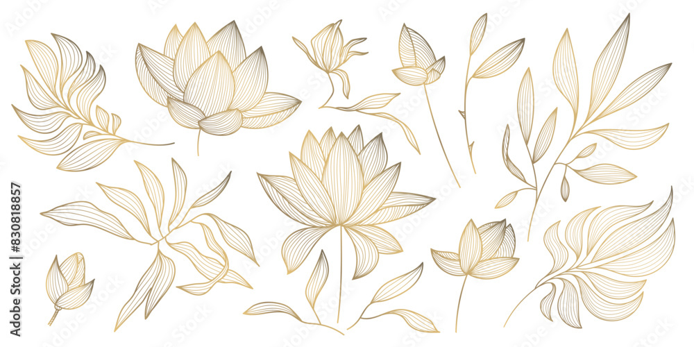 Vector set of gold leaves isolated, plant branches, lotus line illustration, luxury foliage decoration. Vintage ornament elements, jungle, summer background Vector set of gold leaves isolated, plant branches, lotus line illustration, luxury foliage decoration. Vintage ornament elements, jungle, summer background