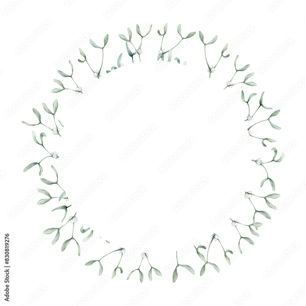 Christmas round frame watercolor with white mistletoe isolated on white background. Hand painted plant illustration for winter holidays design. New years wreath with berry branch with green leaf.