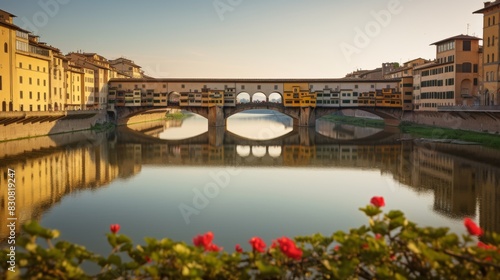 A bridge spans a river with a city in the background photo