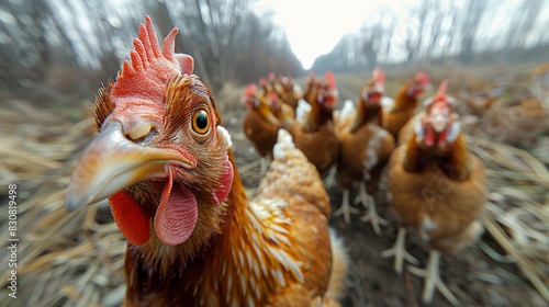 This image captures a vivid close-up of a curious chicken with a blurred background of other chickens, showcasing farm life photo