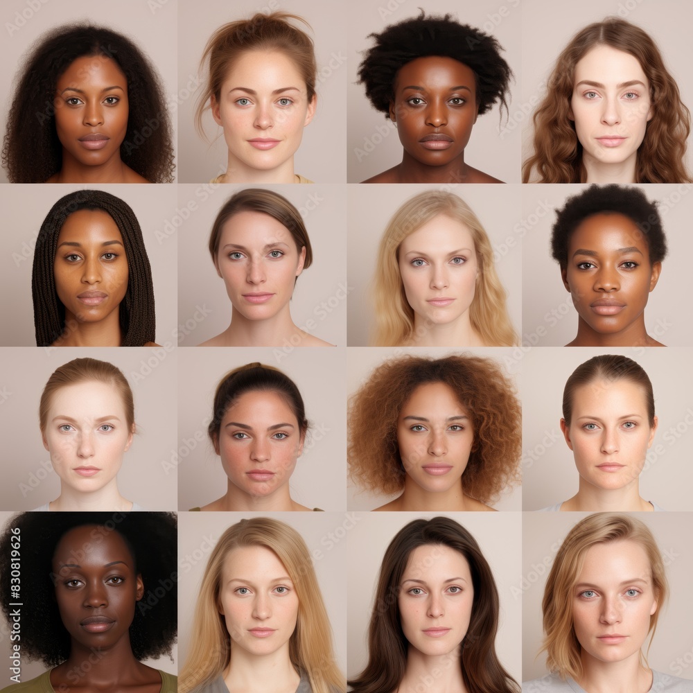 ID photo. Visa. Passport. A modeling agency casting. Black and white women. Diversity. Portfolio of sixteen fashion models. Genes. Model management. 16 female portraits on pastel, beige background ID photo. Visa. Passport. A modeling agency casting. Black and white women. Diversity. Portfolio of sixteen fashion models. Genes. Model management. 16 female portraits on pastel, beige background