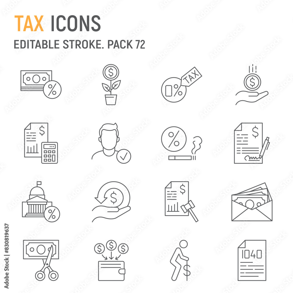 Tax line icon set, taxation collection, vector graphics, logo illustrations, tax vector icons, finance signs, outline pictograms, editable stroke Tax line icon set, taxation collection, vector graphics, logo illustrations, tax vector icons, finance signs, outline pictograms, editable stroke