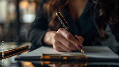 A woman is writing on a piece of paper with a pen. She is wearing a blue suit and a gold ring on her finger. The scene suggests a professional or business setting