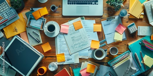 Cluttered desk with various office supplies, coffee cups, and sticky notes, overhead perspective, highquality image, busy and detailed, perfect for office visuals