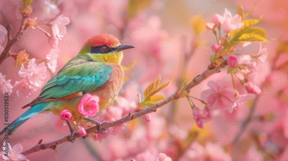 Beautiful bird with colorful feathers perched on a cherry blossom branch against a pink background The high resolution photography shows insanely detailed and intricate fine detail Beautiful bird with colorful feathers perched on a cherry blossom branch against a pink background The high resolution photography shows insanely detailed and intricate fine detail