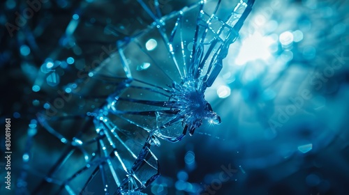 A broken window with a blue background photo