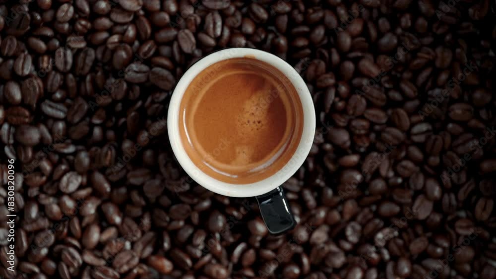 4k cup of coffee with fresh roasted coffee beans background Top view(seamless looping) 4k cup of coffee with fresh roasted coffee beans background Top view(seamless looping)
