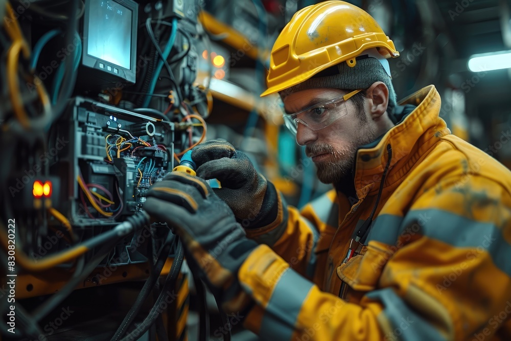 An engineer in a yellow hard hat and safety gear works on a complex electrical system. An engineer in a yellow hard hat and safety gear works on a complex electrical system.