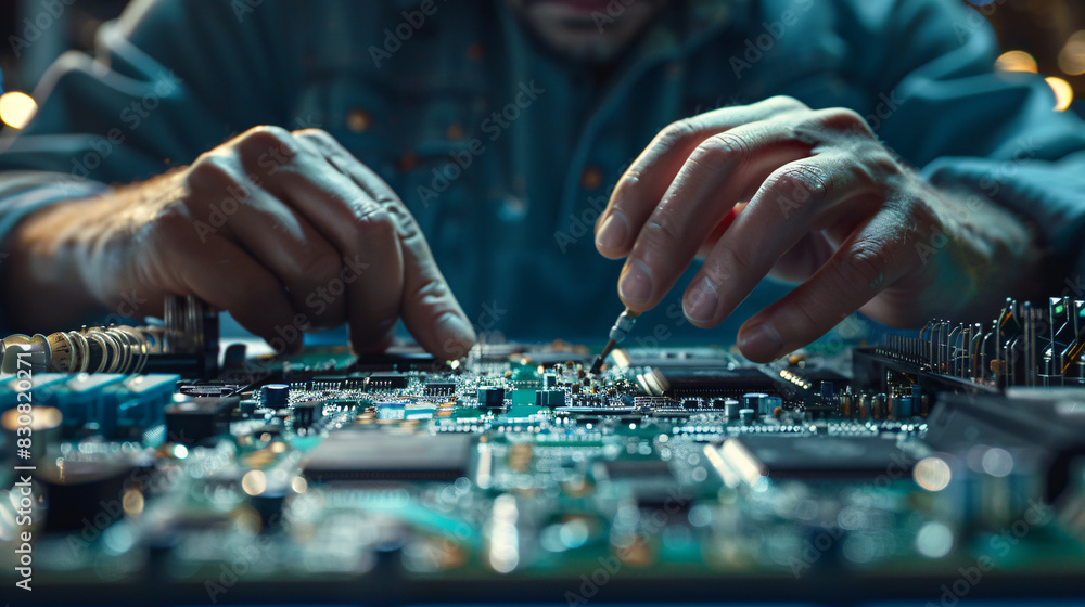 A man is working on a computer chip. Concept of precision and focus as the man carefully handles the delicate electronic components. The scene suggests that the man is a skilled technician or engineer A man is working on a computer chip. Concept of precision and focus as the man carefully handles the delicate electronic components. The scene suggests that the man is a skilled technician or engineer