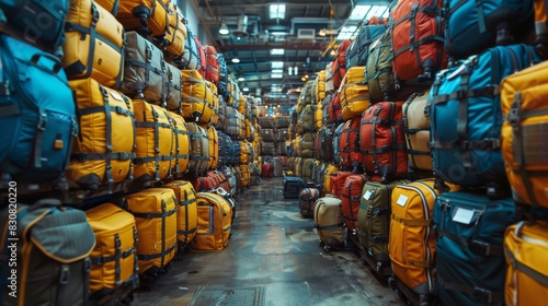 Interior shot of a large warehouse stocked full of colorful backpacks arranged on shelves