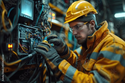 An engineer in a yellow hard hat and safety gear works on a complex electrical system.