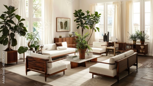 white and wood-toned living room interiors  where the purity of white walls harmonizes with the warmth of natural wood accents  creating a serene and inviting space for relaxation and comfort.