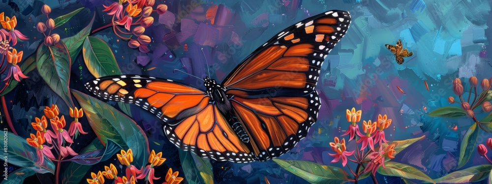A close-up of a monarch butterfly resting on a vibrant milkweed plant. A close-up of a monarch butterfly resting on a vibrant milkweed plant.