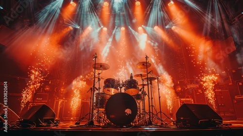 An empty stage set with drums highlighted by dramatic red stage lighting awaiting the start of a powerful concert