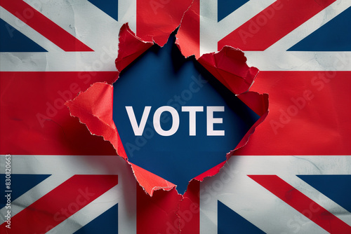 a hole ripped in union jack paper revealing the word vote photo