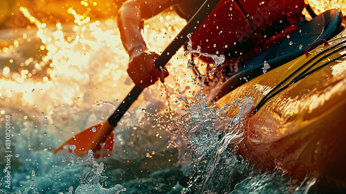 A man is paddling a kayak in the ocean. The water is choppy and the man is using a paddle to steer the kayak. The scene is dynamic and exciting, with the man skillfully navigating the waves photo