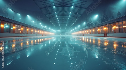 An empty ice rink basked in warm lighting with reflections on the untouched ice, evoking a serene mood photo
