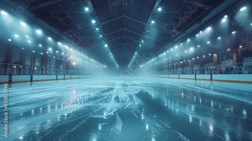 A desolate ice skating rink illuminated by blue overhead lights, reflecting on the glossy ice surface photo