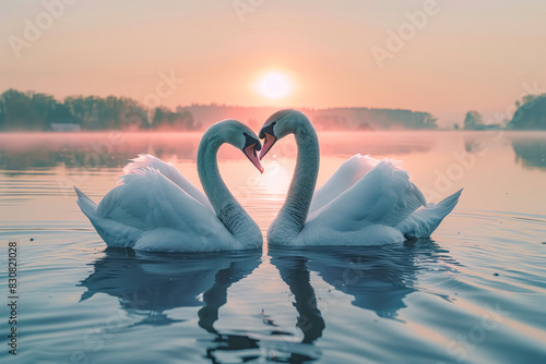 Two swans form a heart with their necks. Romantic relationship concept