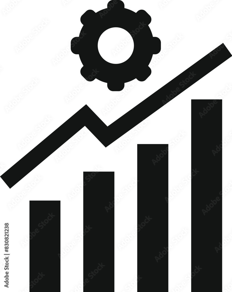 Vector industrial growth concept icon with gear. Upward trend graph. And improvement chart for business success and progress in manufacturing productivity and economic statistics Vector industrial growth concept icon with gear. Upward trend graph. And improvement chart for business success and progress in manufacturing productivity and economic statistics