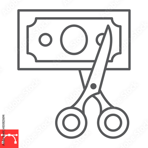 Tax withholding line icon, scissors and banknote, tax deduction vector icon, vector graphics, editable stroke outline sign, eps 10.