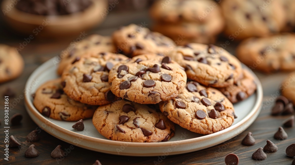 A pile of mouthwatering chocolate chip cookies on a plate with chocolate morsels around