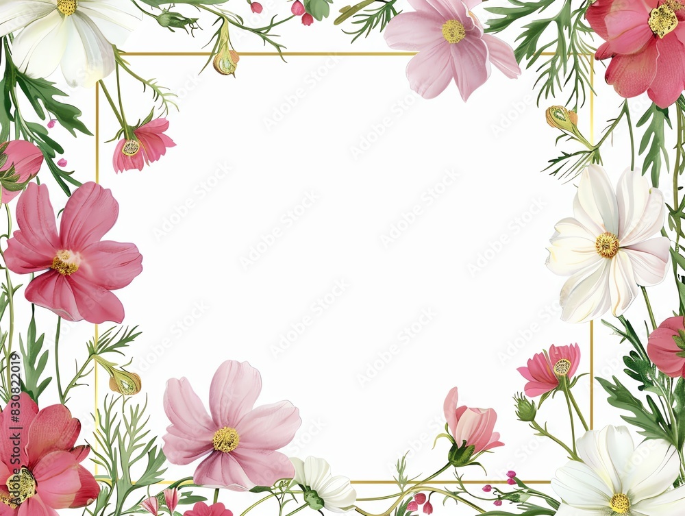 A delicate floral frame with a gold border The frame features clusters of roses in various colors