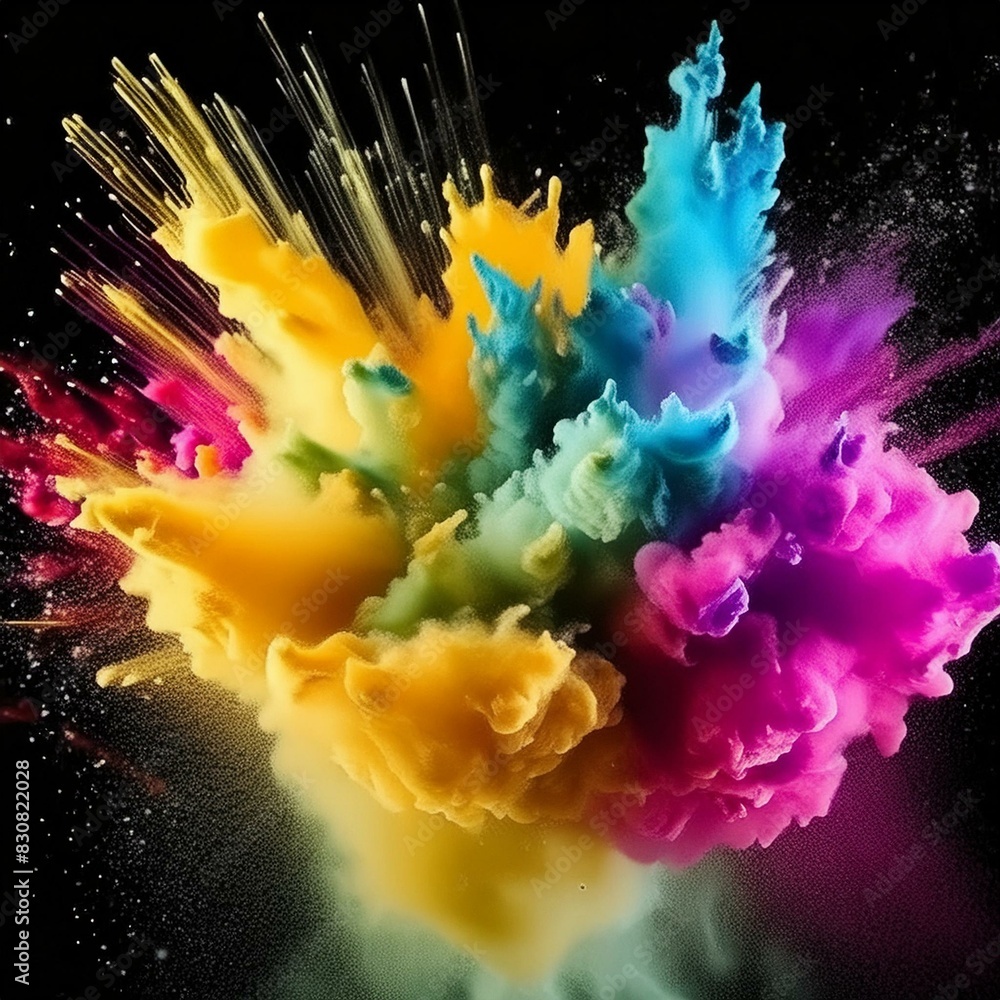 Fototapeta premium cloud of colorful powder explodes in a burst of energy. Bright pink, blue, orange, and yellow powder explodes on a black canvas. Background 