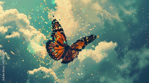 A butterfly is flying in the sky with a few flowers in the background