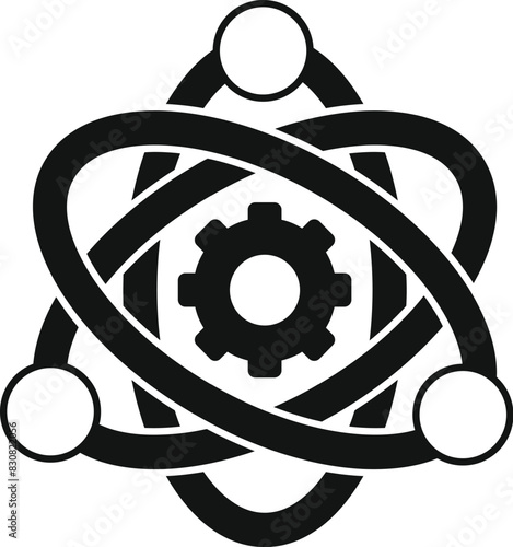 Black and white graphic of an atom with a gear at its center, symbolizing industrial science