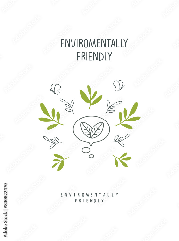Fototapeta premium Cartoon sketch of leaves in a speach bubble. Illustration of Environmentally friendly planet. Sign of green energy. Think Green. Protect the World