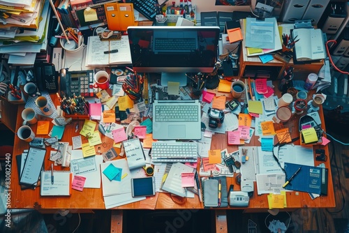 Cluttered desk with office supplies, coffee cups, and sticky notes, overhead view, highquality image, busy and detailed, perfect for workspace visuals