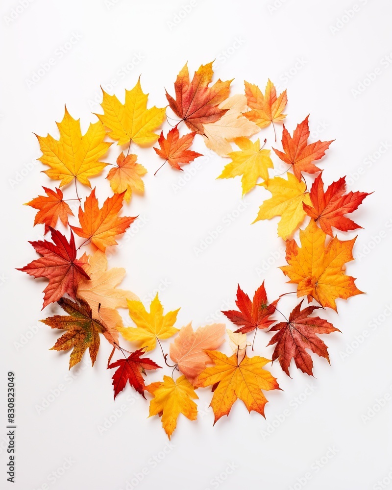 Fototapeta premium Autumn leaves arranged in a circular pattern on a white background, showcasing vibrant fall colors like red, orange, and yellow.