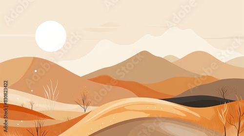 Minimalist desert landscape illustration with rolling hills  sun  and warm earthy tones  perfect for backgrounds and environmental themes.