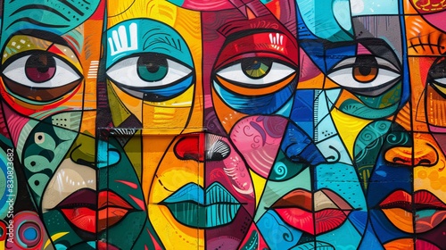 Colorful mural with street art graffiti and traditional motifs, focus on, cultural blend, vibrant, Overlay, cityscape backdrop