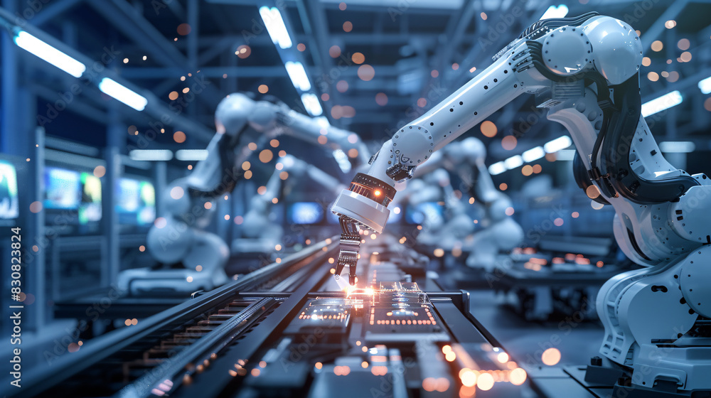 A robot is working on a computer chip. The robot is surrounded by other robots, and the scene is lit with bright lights. Scene is industrial and futuristic A robot is working on a computer chip. The robot is surrounded by other robots, and the scene is lit with bright lights. Scene is industrial and futuristic