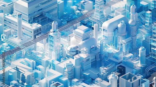 Full-Screen Blue Gradient Frosted Glass Overlooking City Buildings, Intensive White Transparent Technology Sense, Super Wide Angle, Playing with Light and Shadow, Isometric View, Big Data, Industrial 