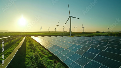 green energy generation, a wind farm with several wind turbines spinning under a clear blue sky, and a solar farm with large solar panels absorbing sunlight. photo