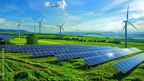 green energy generation, a wind farm with several wind turbines spinning under a clear blue sky, and a solar farm with large solar panels absorbing sunlight.