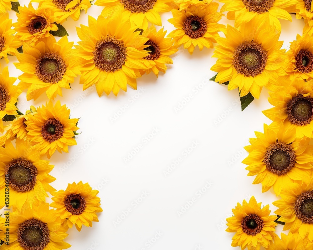 Vibrant sunflower frame on a white background, creating a fresh and cheerful space for text or design elements. Vibrant sunflower frame on a white background, creating a fresh and cheerful space for text or design elements.