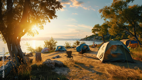 summer vacation at a seaside campsite, tents pitched near the shore, with the sea sparkling under the sunlight.