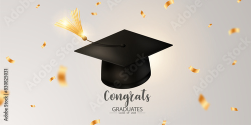 graduation design background realistic graduation hat Golden confetti congratulations to the graduates Vector illustration