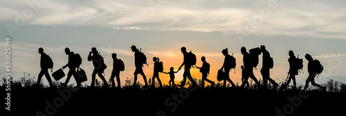 Silhouette of refugees people walking photo