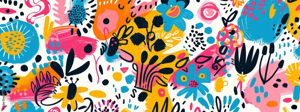 A pattern of hand-drawn doodles and sketches, including flowers, animals, and abstract shapes.