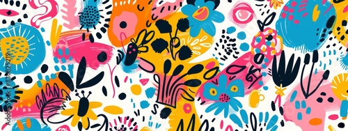 A pattern of hand-drawn doodles and sketches, including flowers, animals, and abstract shapes.
