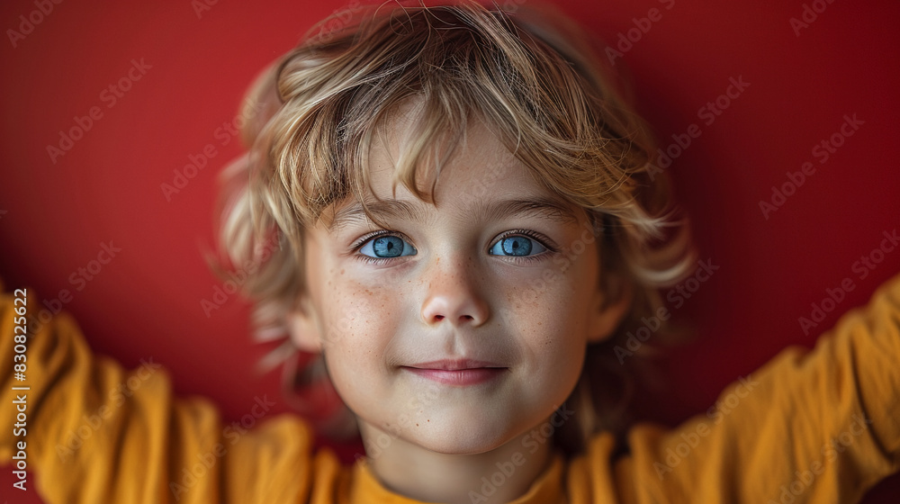 Professional studio photo portrait of a cute little boy, lovely kid with naive face, a child with a emotional expression, widescreen 16:9 Professional studio photo portrait of a cute little boy, lovely kid with naive face, a child with a emotional expression, widescreen 16:9