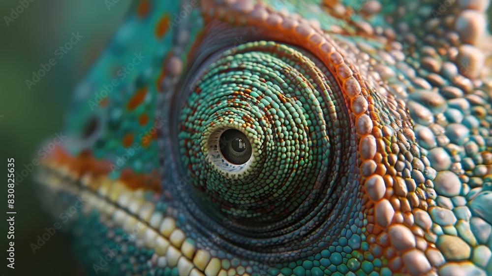 Obraz premium A detailed view of a chameleon's tongue extended, capturing the texture and speed of the movement, with its vibrant body in the background.