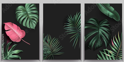 A triptych of large, vibrant tropical leaves against a dark backdrop, ideal for modern decor © Renata